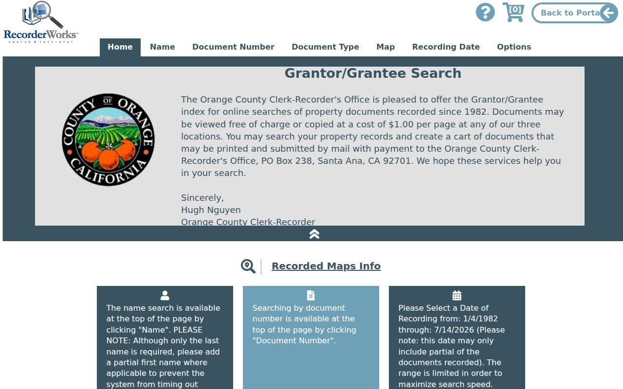 San Juan Capistrano people search in the Orange County RecorderWorks index