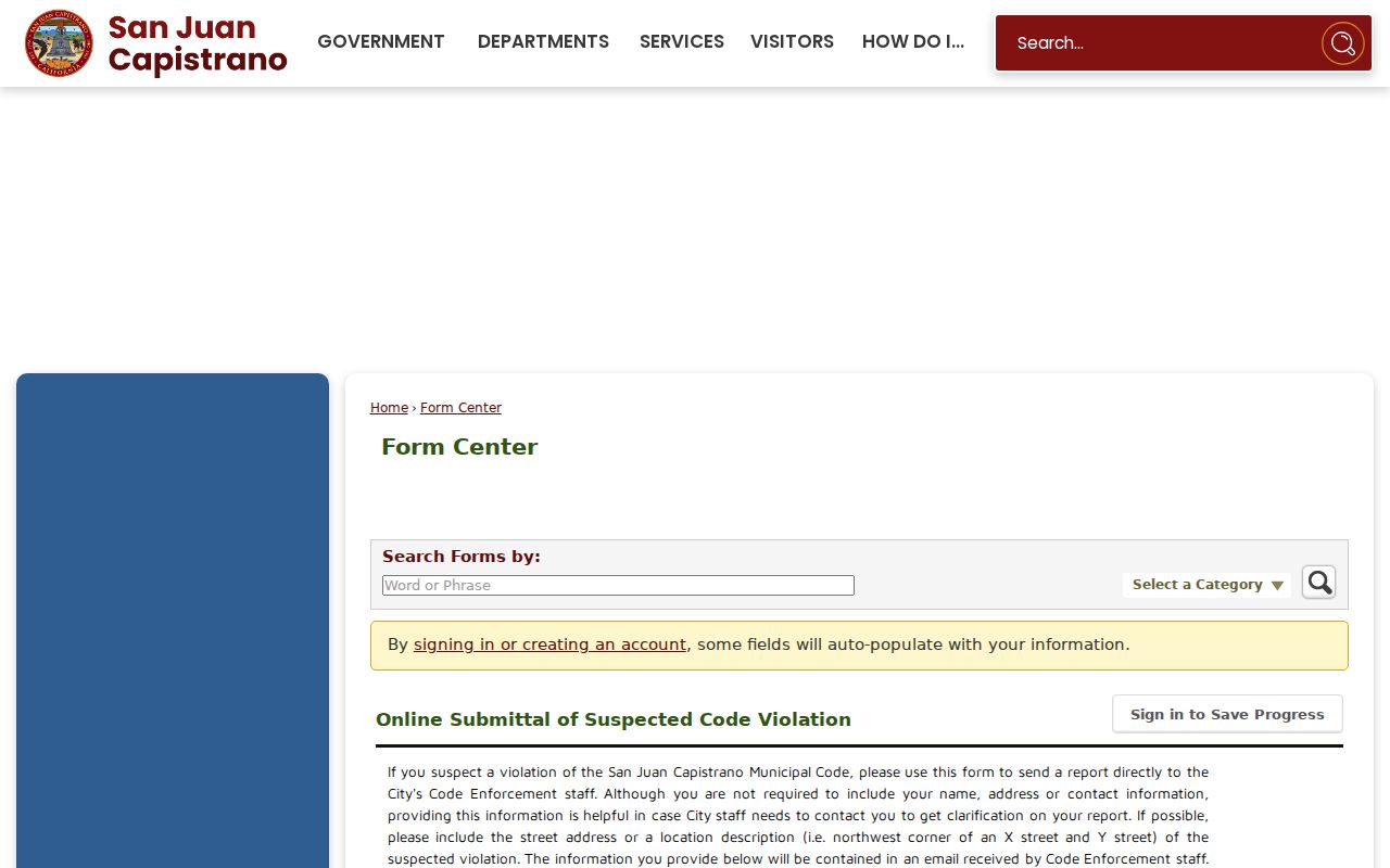 San Juan Capistrano public records disclosure notice on the city code violation form