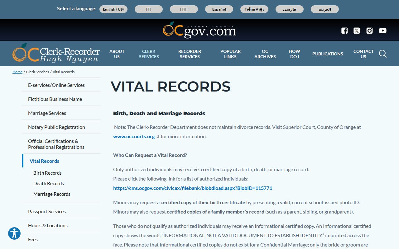 San Juan Capistrano public records page for Orange County birth death and marriage copies