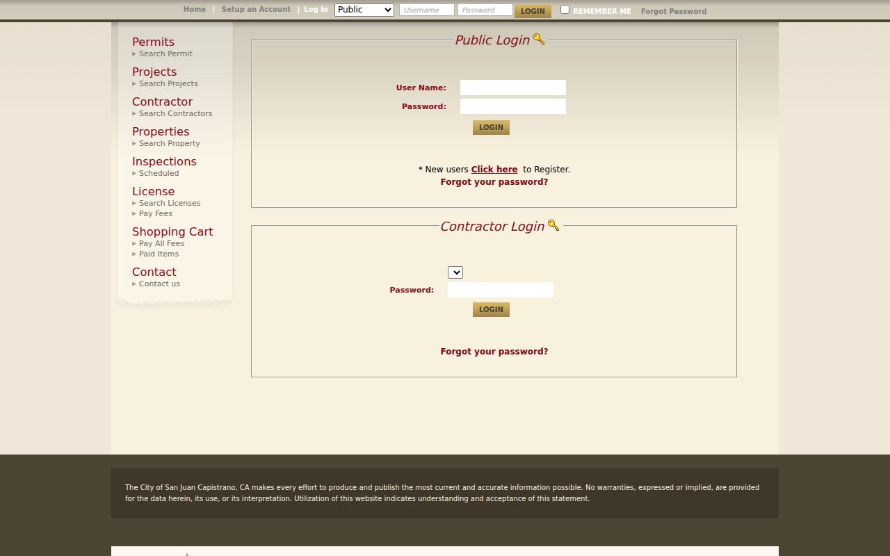 San Juan Capistrano public records login for the city eTRAKiT permit portal