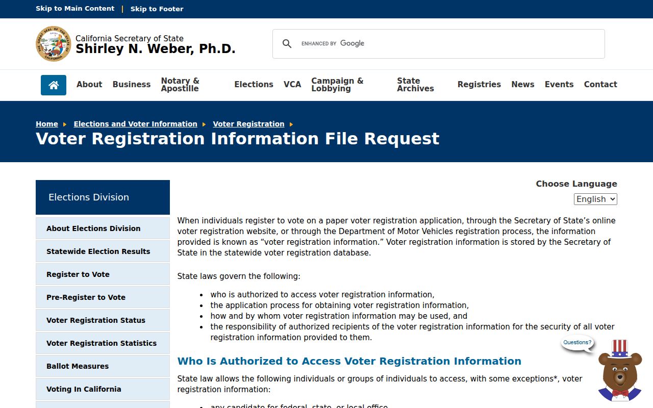 San Juan Capistrano voter registration statewide voter file request page